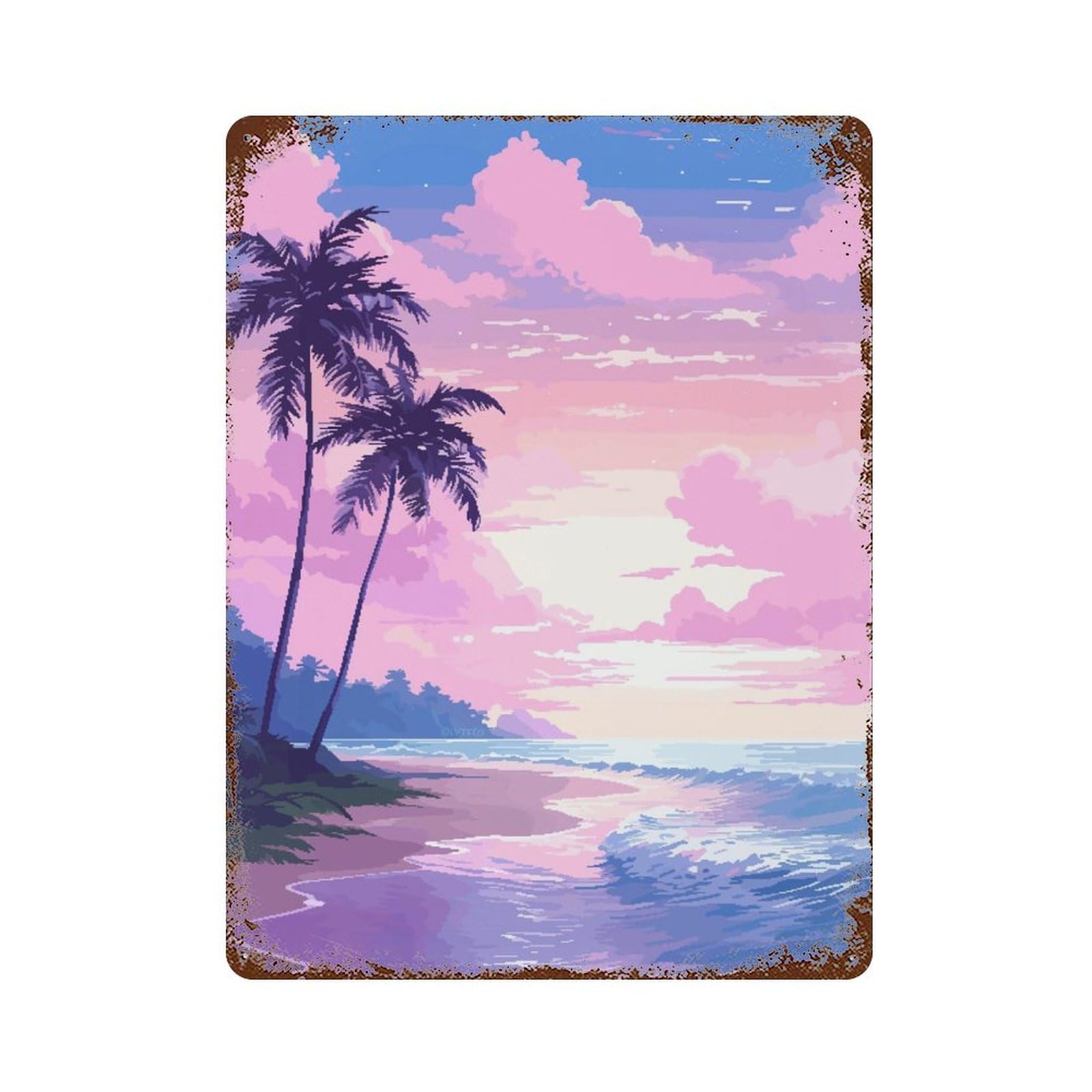 Hawaii Sunset Pixel Art Vintage Wall Sign 15.7"x11.8", Rust Effect Metal Decor for Cafe, Home Bar And Lounge Decor