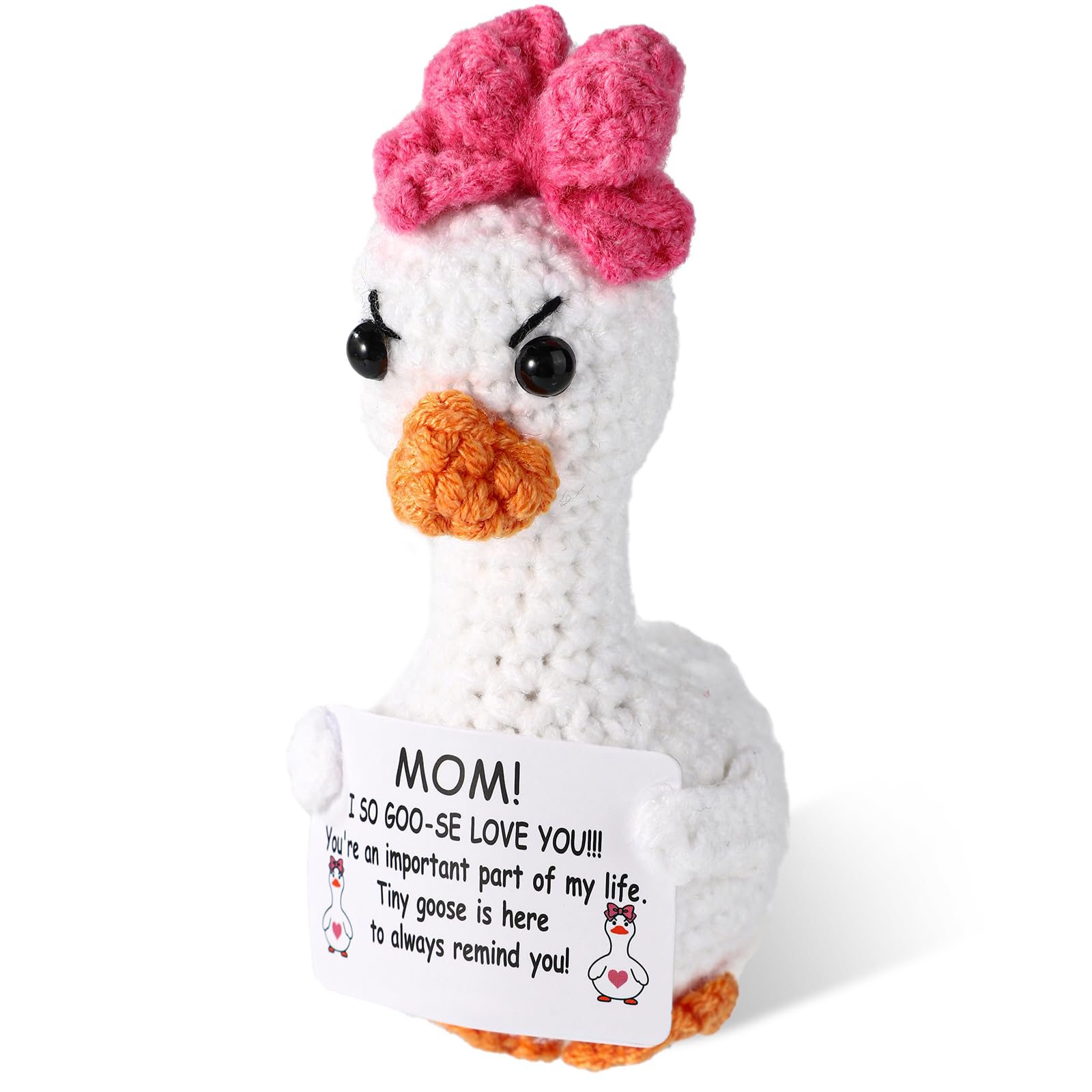 TOYMIS Crochet Goose, 9x8x6cm Cute Knitted Mothers Day Positive Support White Goose Animals Doll with Inspirational Card Heartwarming Positive Affirmation Birthday Crochet Gift for Moms