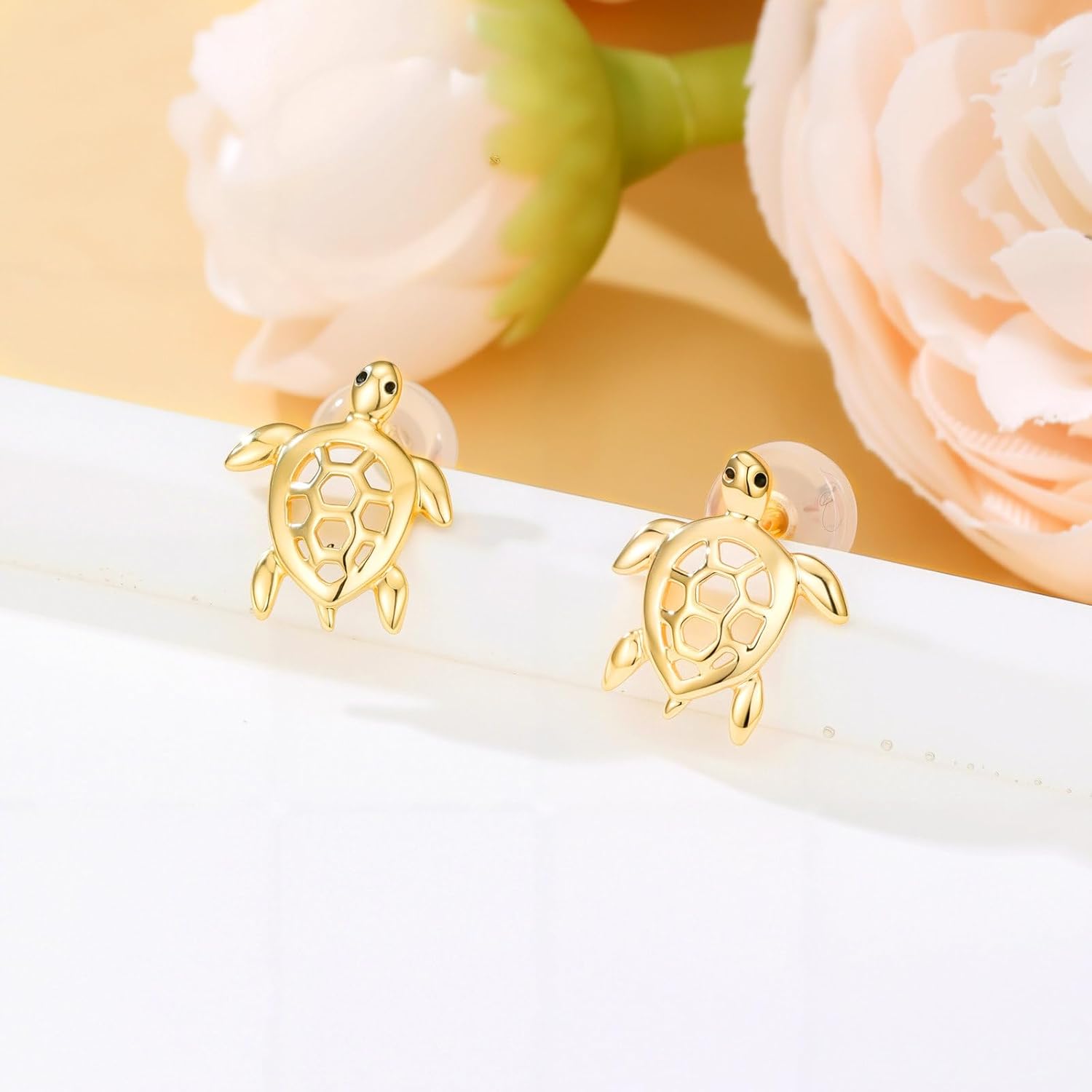 14k Gold Sea Turtle Earrings for Women, Solid 14kt Gold Studs Cute Animal Jewelry Gifts for Her