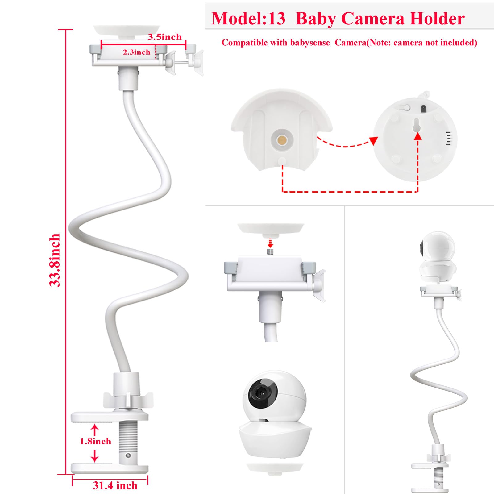 EYSAFT Baby Monitor Holder for Babysense MaxView 2CAM,HDS2-1CAM,MaxView 1CAM Baby Monitor, White, 33 inch for Babysense - Image 4