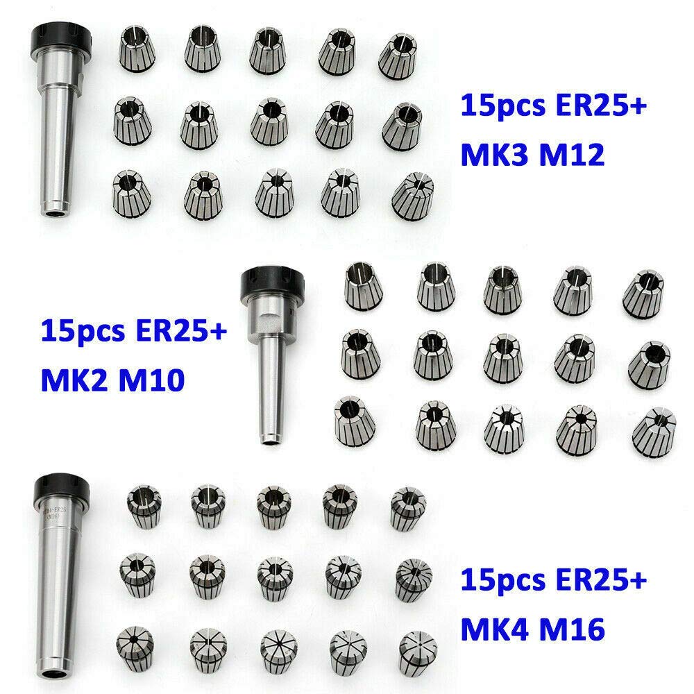 15 x zestaw tulejek zaciskowych uchwyt zaciskowy uchwyt zaciskowy z MK2 MK3 MK4 M10 M12 M16 ER25 zakres mocowania 2-16 mm (stożek: MK2)