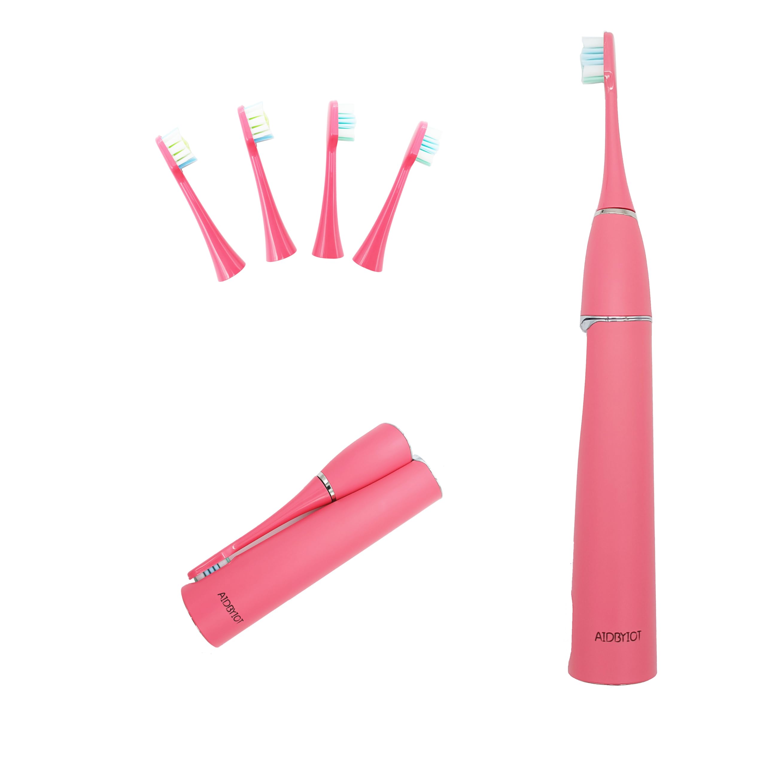 Spazzolino elettrico sonico pieghevole Spazzolino da denti da viaggio Ricaricabile Portatile Manico Dotato di Camera di Sterilizzazione UVLED Autopulente Rosa. 4 Testine.