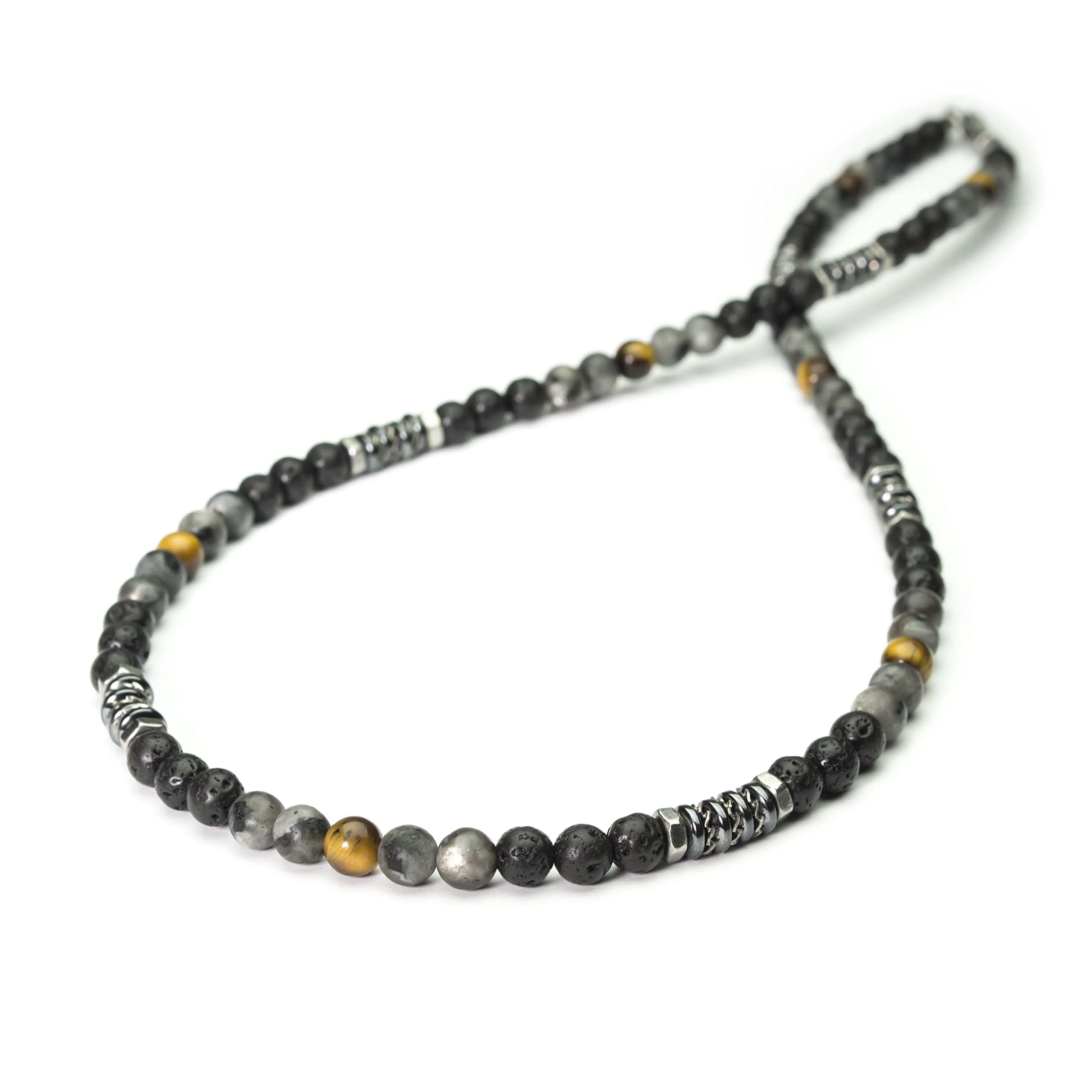 Collier Homme perles 6mm pierre naturelle Œil Tigre Larvikite Labradorite gris mat Lave Volcanique noir rondelles Hématite métal INOX fabriqué en France COLLITEF12