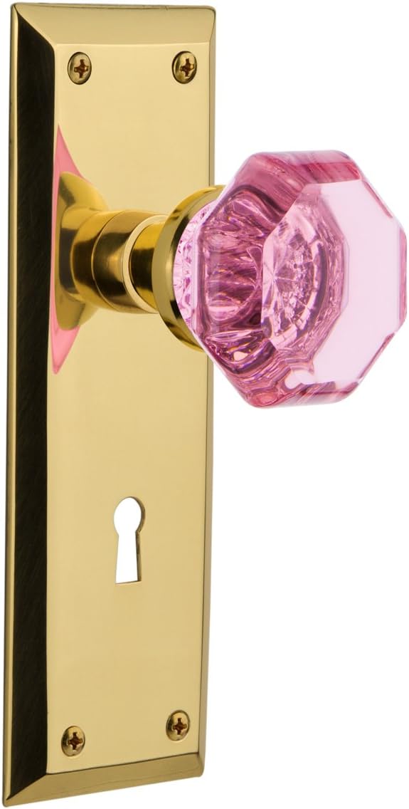 Nostalgic Warehouse 723954 New York Plate with Keyhole Double Dummy Waldorf Pink Door Knob in Polished Brass