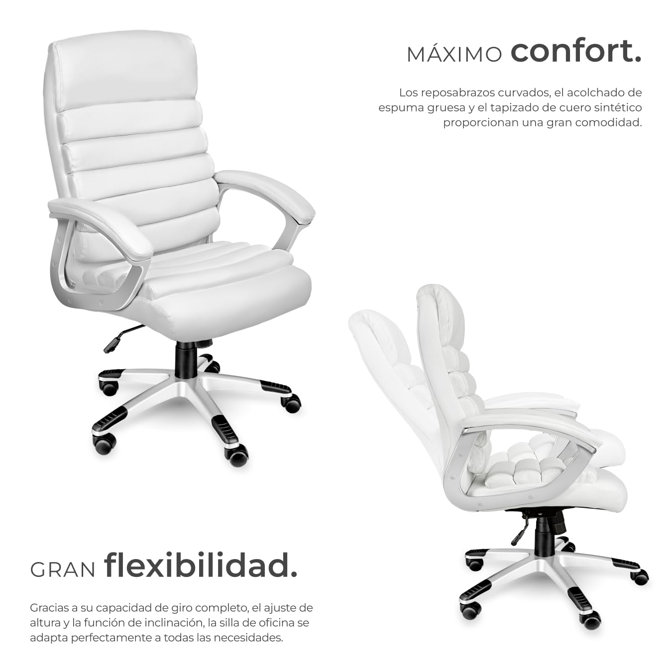 tectake®, Silla Oficina Ergonómica, Sillón Escritorio Ajustable, Silla Giratoria con Base de Ruedas, Altura Regulable, Acolchado Extra Grueso, Ergonómico, Basculante, 360° Rotación - Blanco