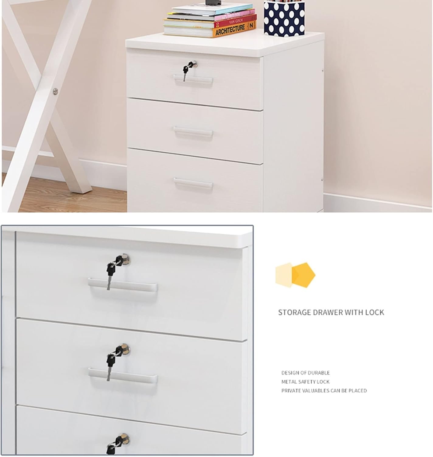 Thicken Wood Filing Cabinet Mobile Storage Cabinet for Closet/Office 3-Drawer White Colour File Cabinet Storage with 4 360Wheels Filing Cabinet (Colour : 1) (B)
