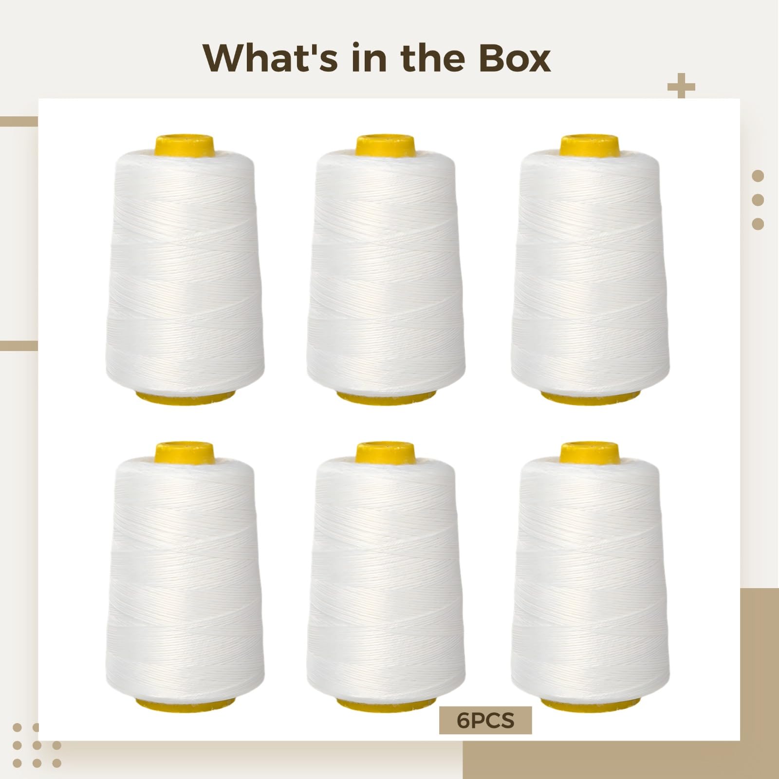 Fil à coudre 6 brins, lot de 6 bobines de 656,2 yards chacune, polyester renforcé pour couture à la main et à la machine, adapté au tissu, au cuir et à d'autres matières, pour grands projets