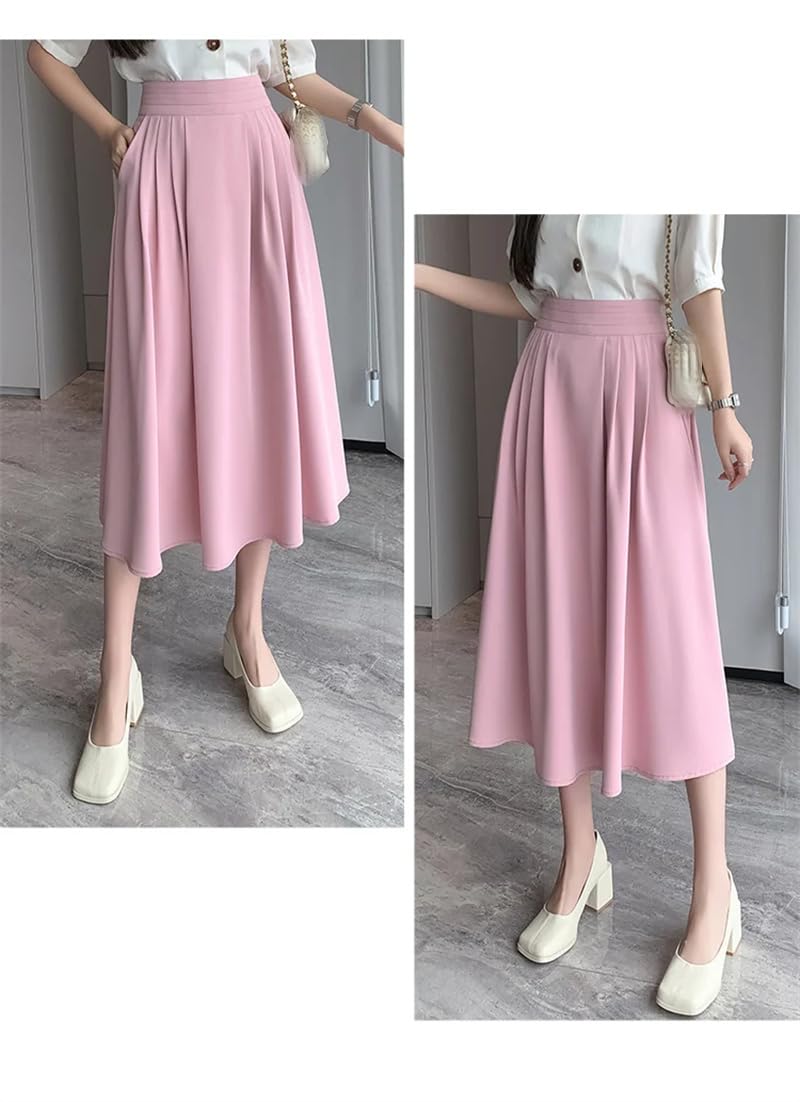 Dninmim Gonne a ombrello da donna a trapezio per primavera autunno gonna a pieghe a vita alta rosa gonne lunghe vintage
