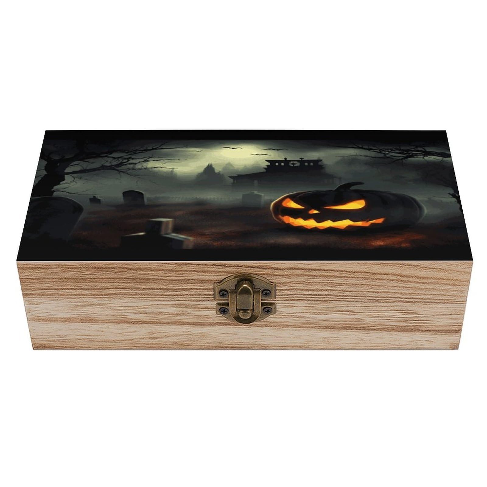 Btcowzrv Style Halloween Horror Wooden Storage Box, Keepsake Box With Hinged And Retro Lock, Wood Jewelry Organizer For Photos & Mementos And Home Decor