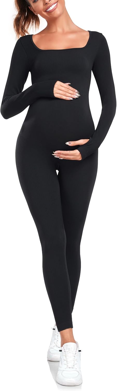 EastElegant Maternity Seamless Yoga Jumpsuits Women's One Piece Workout Bodysuits Ribbed Square Neck Long Sleeved Romper