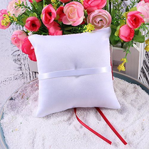 VOSAREA Wedding Ring Pillow, White Red Bridal Ring Bearer Holder Cushion Double Heart Wedding Ring Box Wedding Accessories Decoration Supplies 10x10cm