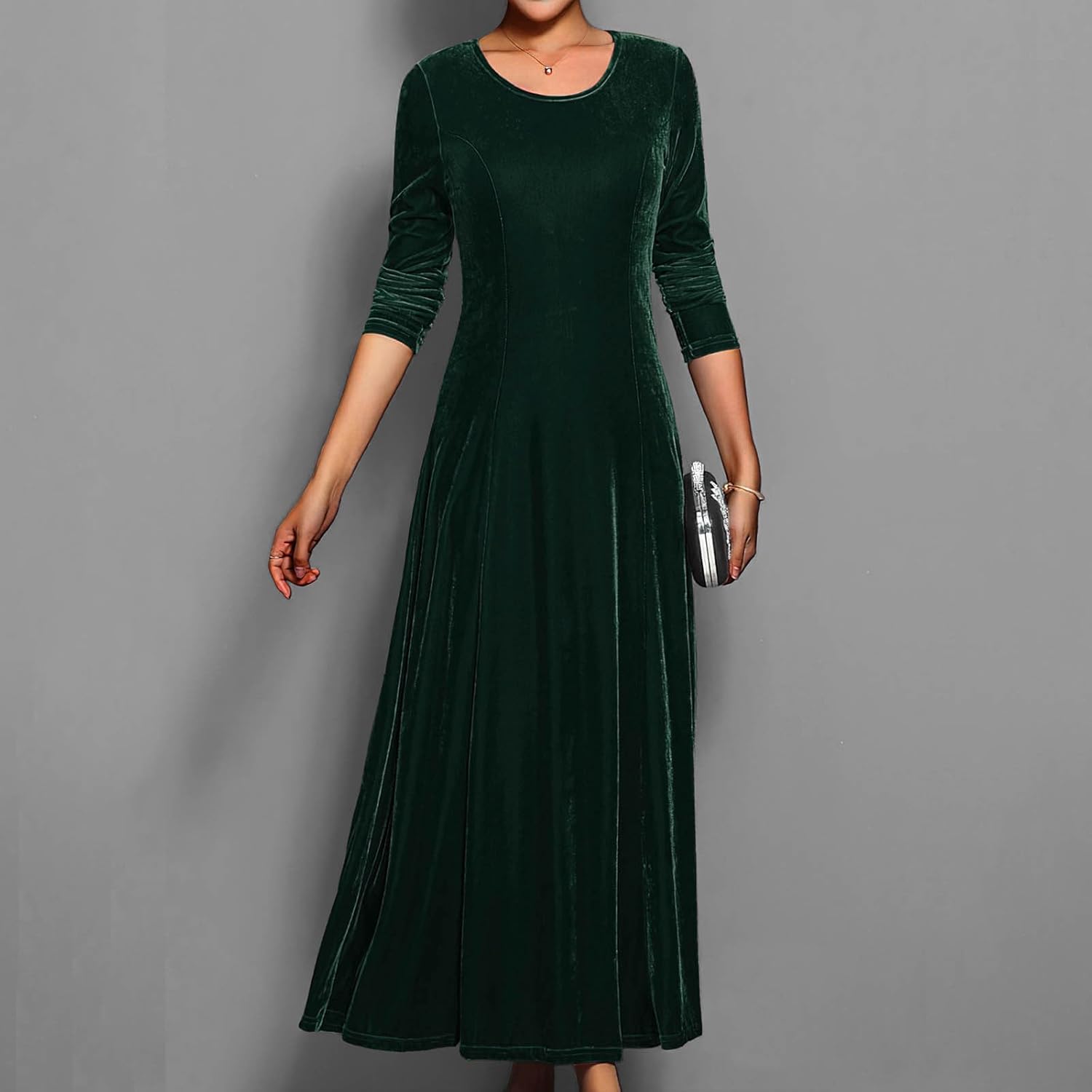 Plain Velvet 3/4 Dress for Women Crew Neck Velour Elegant Dresses High Elastic Ankle Length Gowns Classic Gown