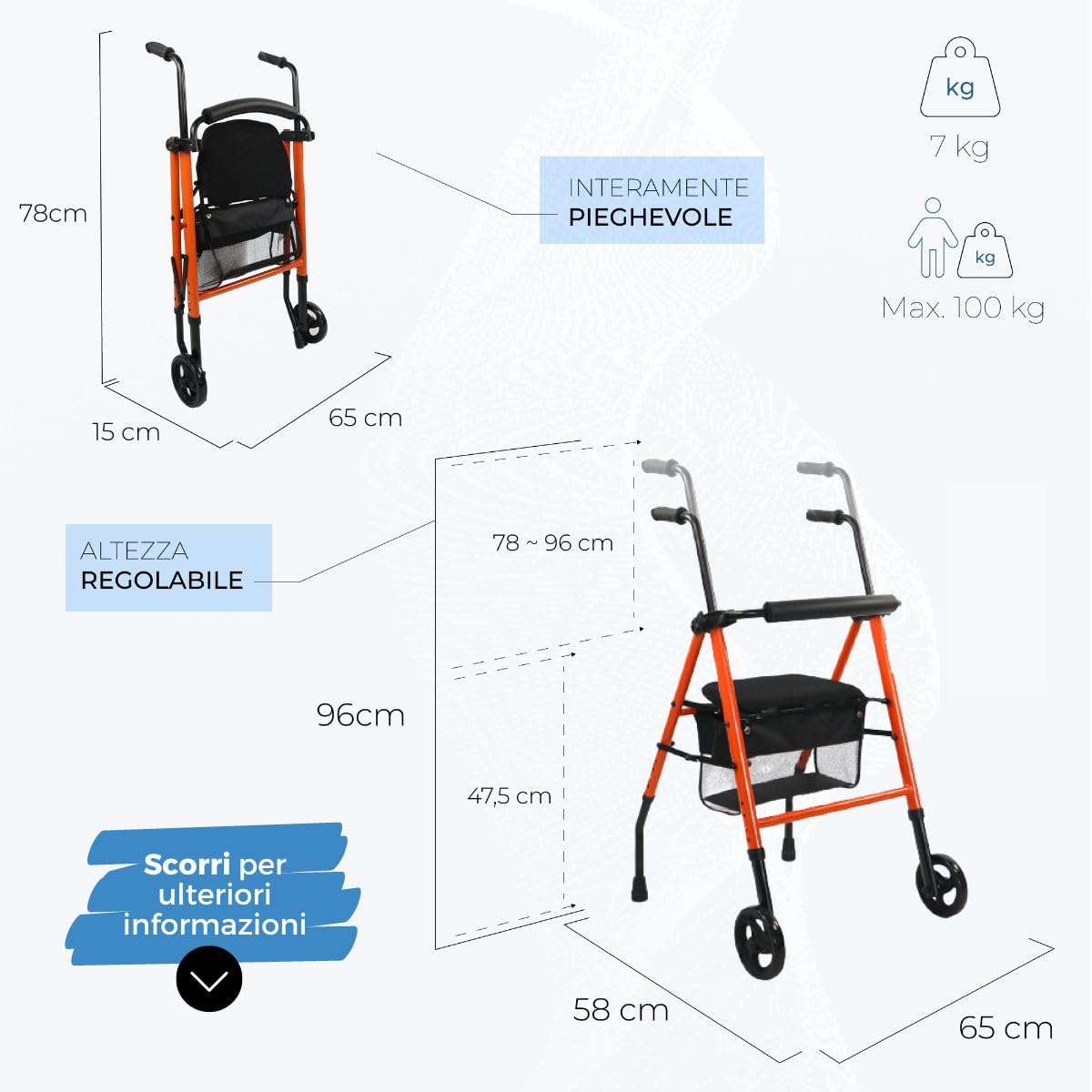 Mobiclinic®, Deambulatore per anziani, Nerón, Marchio europeo, Adulti o disabili, In acciaio, Leggero, Pieghevole, Con seduta, Cestino e 2 ruote, Colore arancione