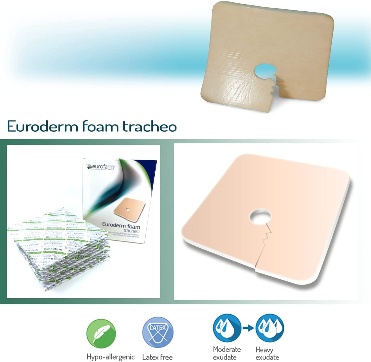 Euroderm Foam Tracheo (cm 8 x cm 9)- Medicazione in schiuma di poliuretano per tracheotomia, altamente assorbente, Confezione 10 pezzi