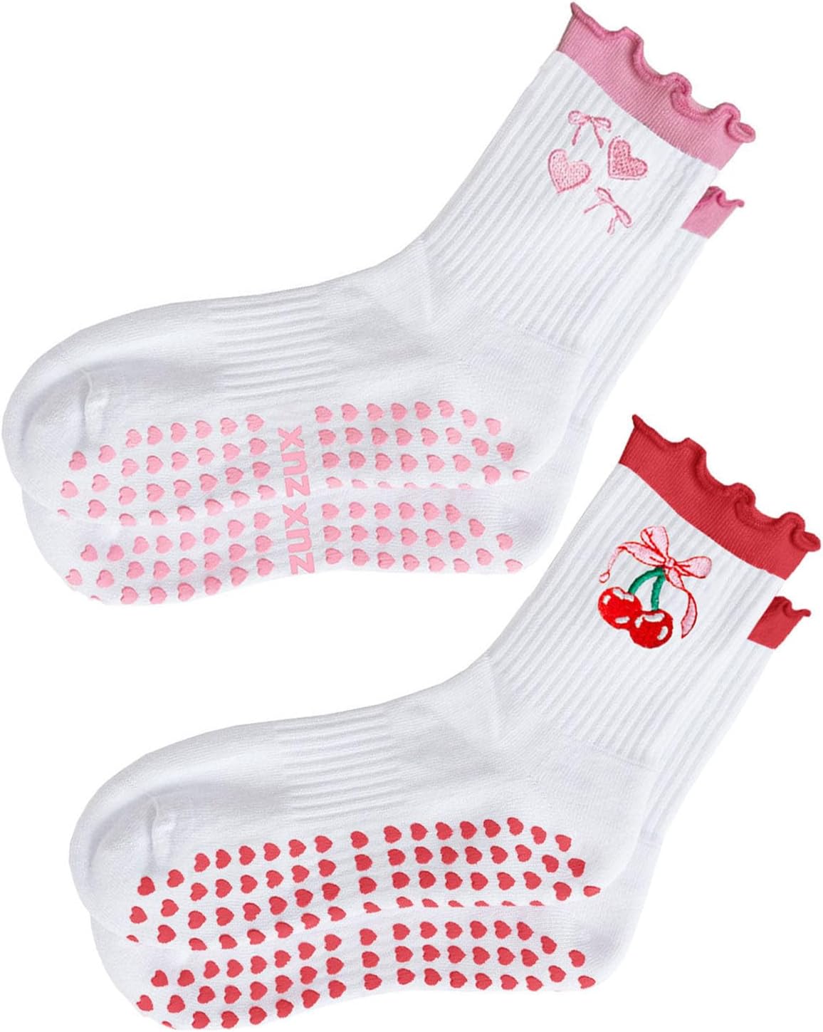 Women Cute Pilates Socks Grip Crew Yoga Socks Ruffle Cuff Embroidery Pattern Workout Ballet Socks