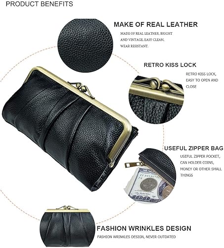 Miniatura 3 de Carteras de cuero suave para mujer compactas plegables RFID monedero con cremallera y bloqueo de beso Negro - Vintage