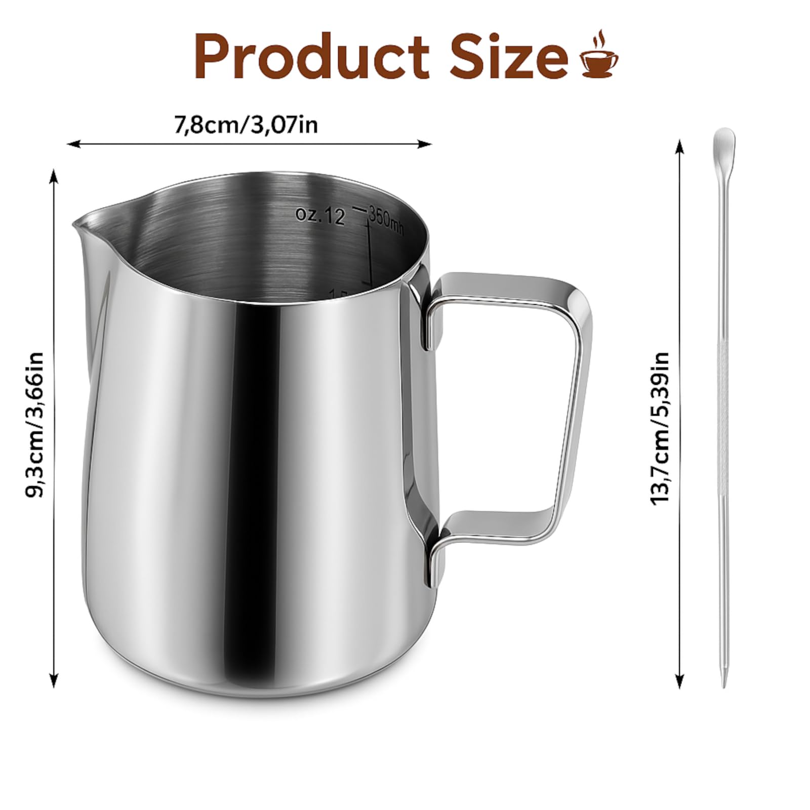 KITDAHOM Jarra de espuma de leche de mano de 350 ml de acero inoxidable con escala, dispensador de nata de acero inoxidable, incluye aguja para latte-art, adecuada para baristas para preparar