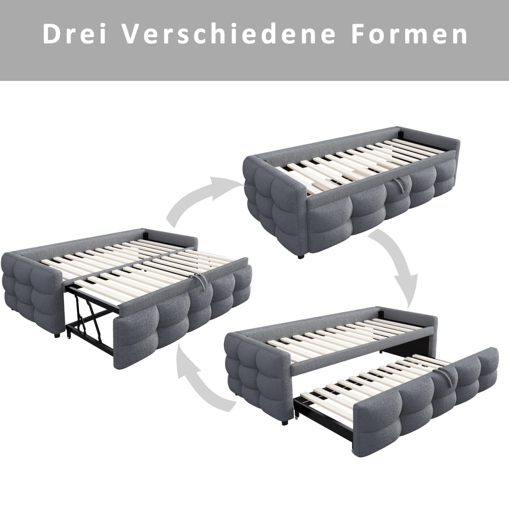 EURHCIO Canapé Lit 90/180x190cm Convertible,Cadre de Lit 2 Personnes Rembourré avec lit Gigogne 90x190,Sommier à Lattes Robuste, Tissu Teddy Confortable,pour Adolescents Adultes (A-Gris, 90/180x190)