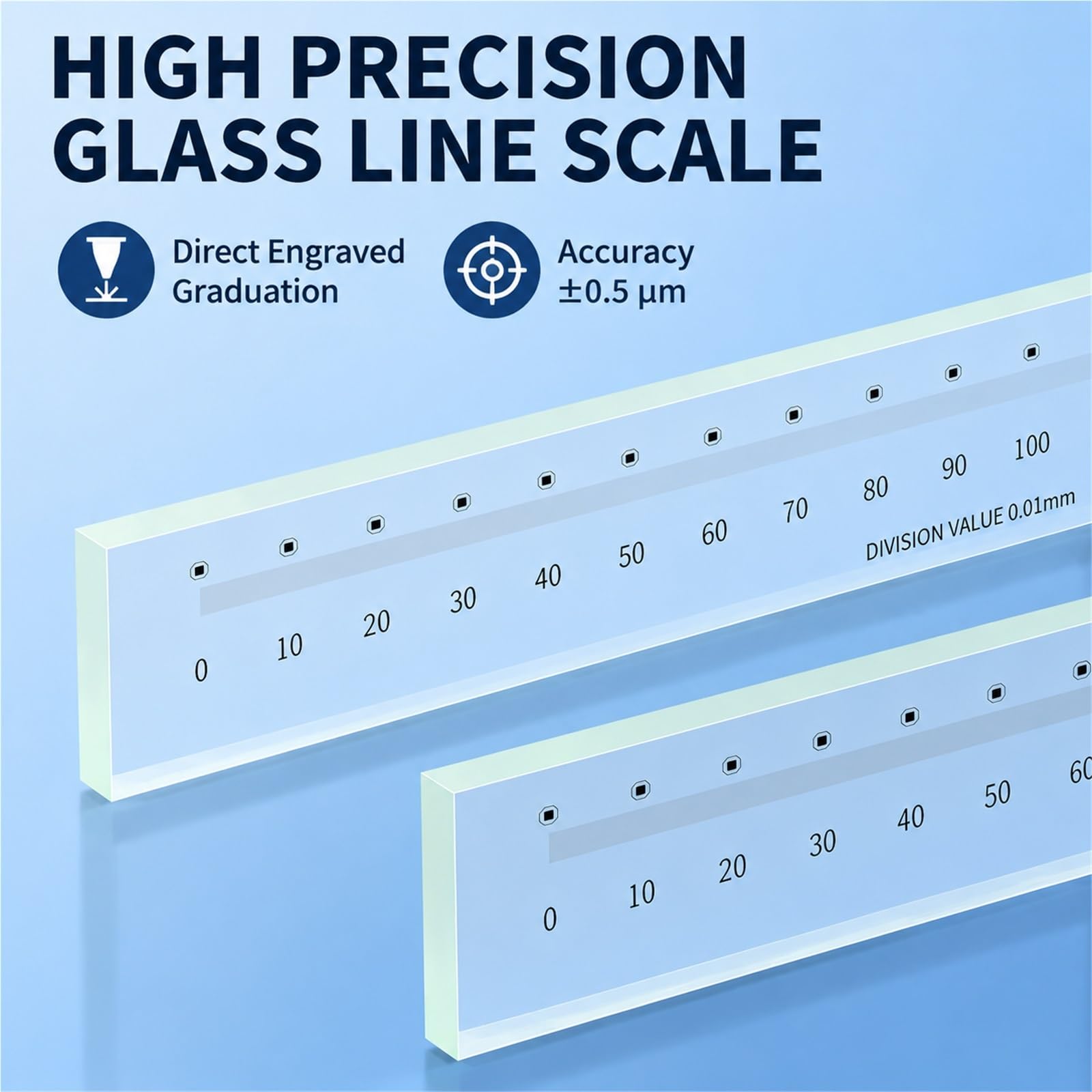 Regla lineal de vidrio, hoja calibración posicionamiento para microscopio | Alta precisión, escala 0,01mm, exactitud ,5μm, para microscopios de medición, proyectores de perfiles(200mm)