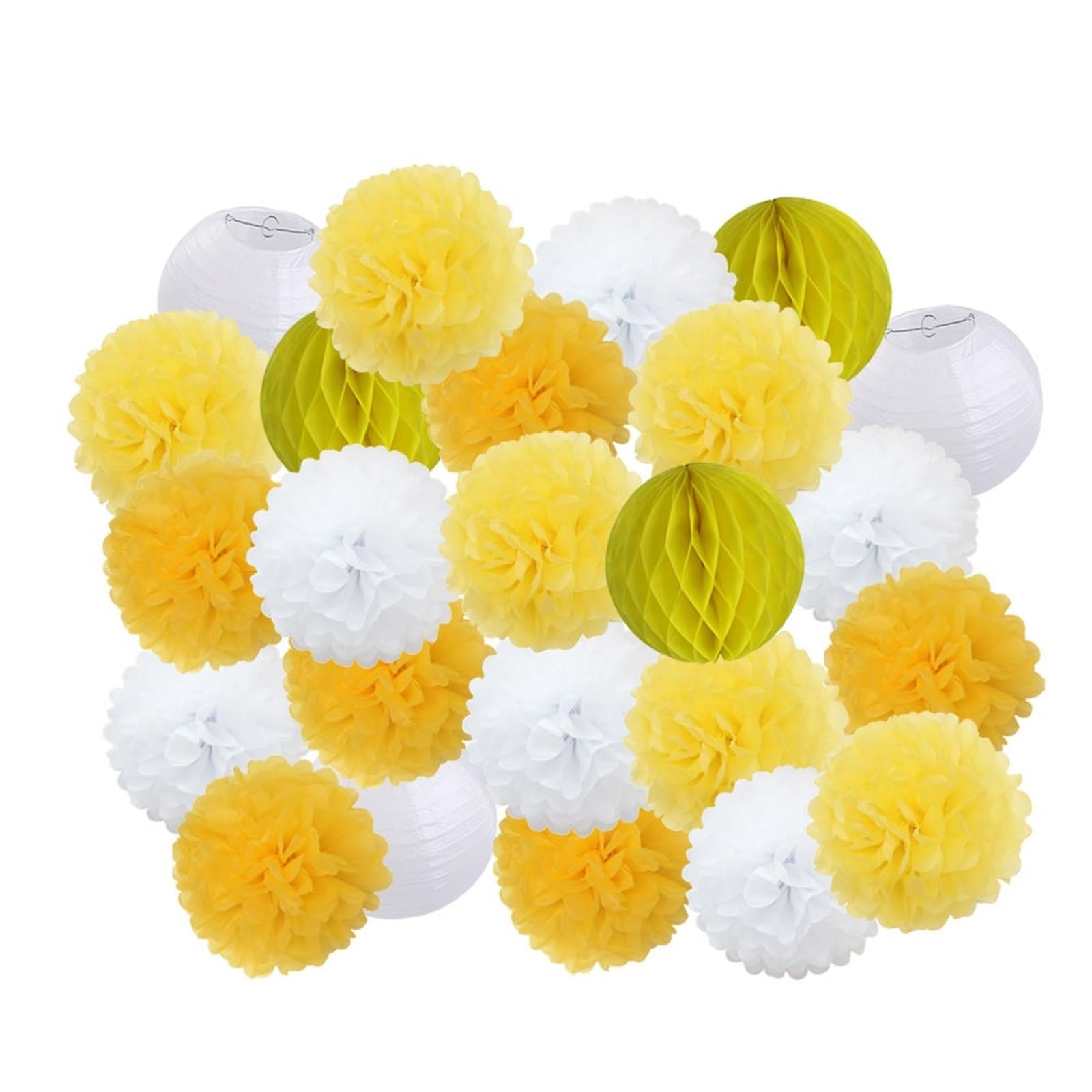 Decorazioni Festa 24 pezzi bomboniere da appendere pompon di carta for bambini e bambine compleanno blu scuro matrimonio eventi decorazione lanterne bianche(Yellow Set,Large-12inch(30cm))