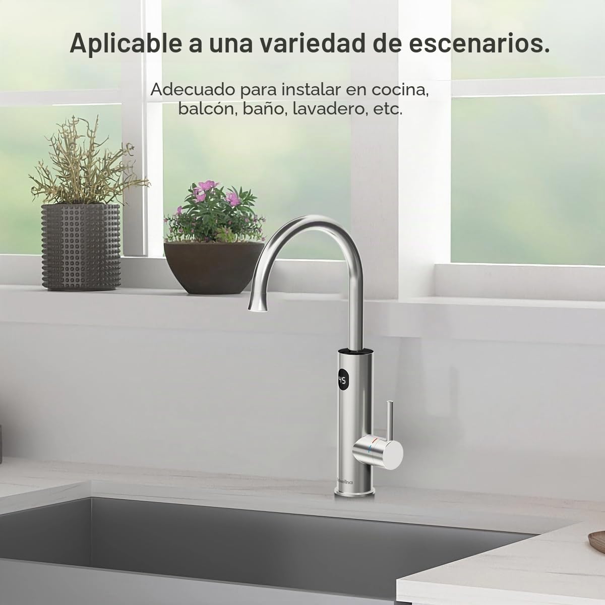 Grifo eléctrico con calentador de agua (220 V, rotación de 360° y pantalla digital, grifo de agua caliente con boquilla universal (plata)