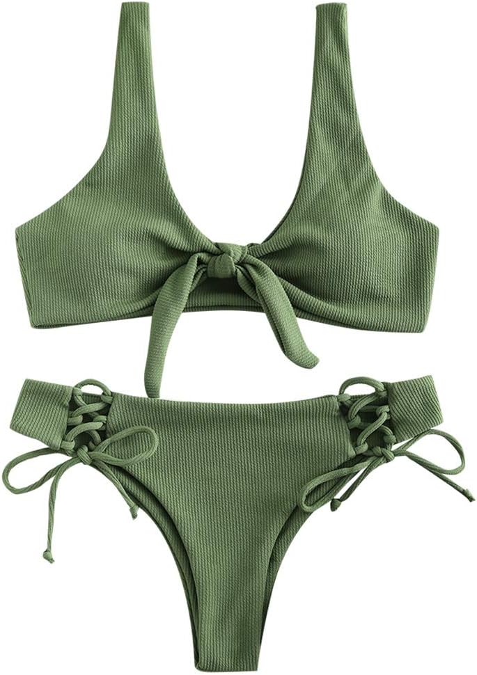 Women's Ribbed Lace Up Tied Bikini Set Solid Color High Cut Bikini Two-Piece Swimwear Beachwear
