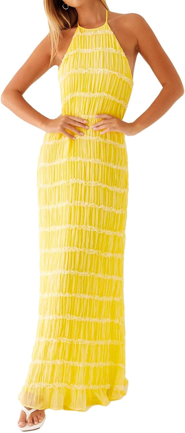 Women Backless Dress Sleeveless Textured Halter Open Back Maxi Dresses Vacation Wedding Guest