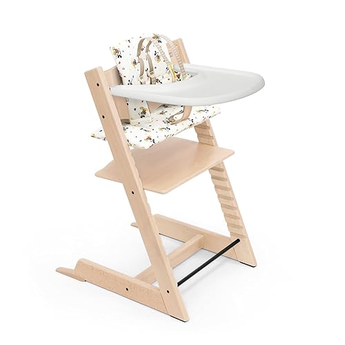 Tripp Trapp - Silla alta y cojín con bandeja Stokke - Natural con Mickey Celebration - Silla alta ajustable, convertible, todo en uno para bebés y