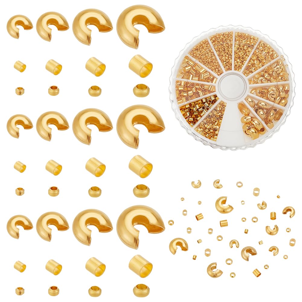 Photo 1 of PH PandaHall About 1591pcs Jewelry Making Findings Kits, 12 Styles Golden Brass Crimp Beads Crimp Bead Knot Covers Half Round Open Crimp Beads Covers for DIY Crafts Necklace Bracelet Jewelry Making
