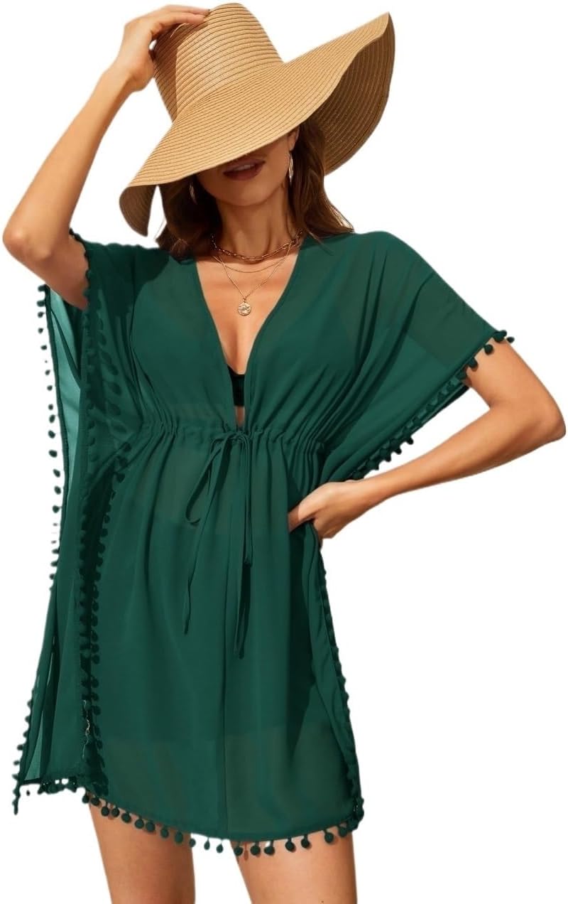 swimsuit coverup for women Drawstring Waist Batwing Sleeve Trim Cover Up Summer