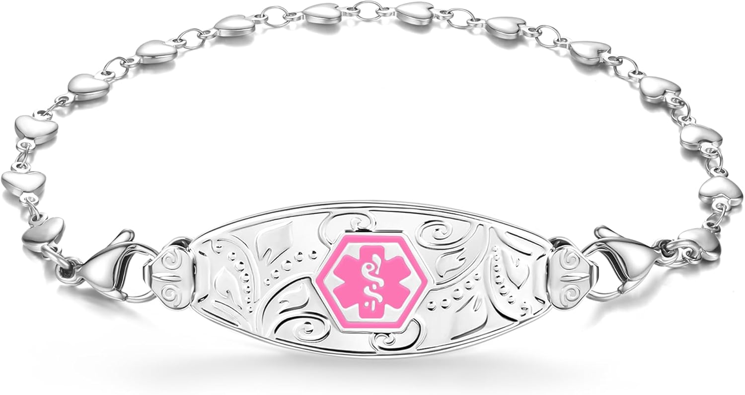 Divoti Custom Engraved Medical Alert Bracelets for Women | Filigree Medical ID Bracelet with Black Caduceus | 4-Line Personalized Emergency ID | Heart Link Chain with Lobster Claw