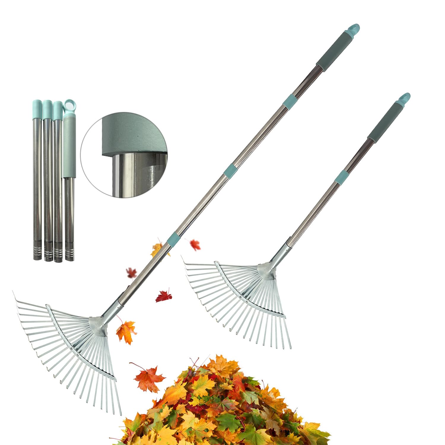 Râteau de jardin télescopique réglable : balai à feuilles en acier pour débris de pelouse