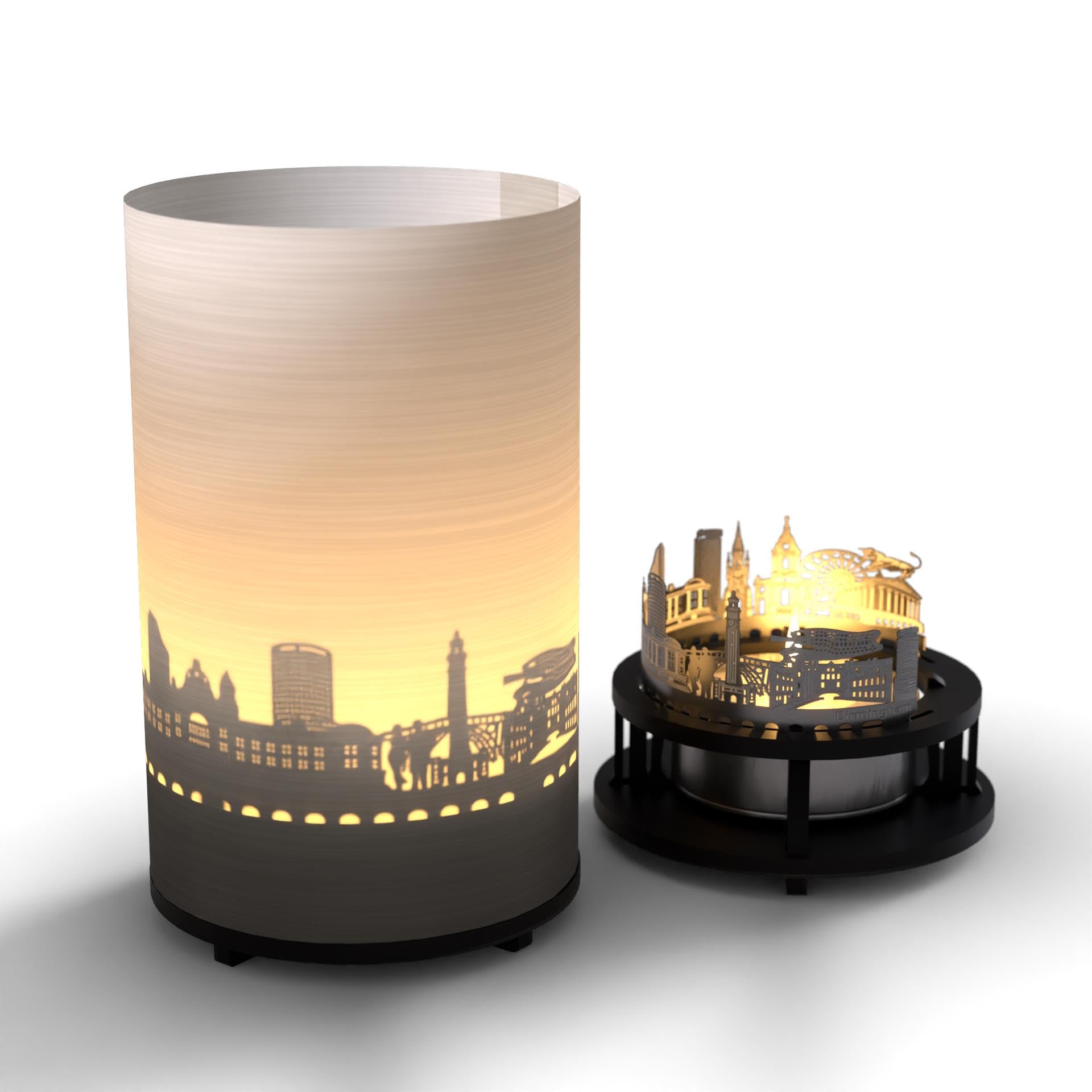 13Gramm Burgundy, Ivory, Blue, Gray, Metallic Birmingham Skyline Candle - Captivating Shadow Play Of City Landmarks & Silhouettes - Unique Souvenir For Birmingham Fans!