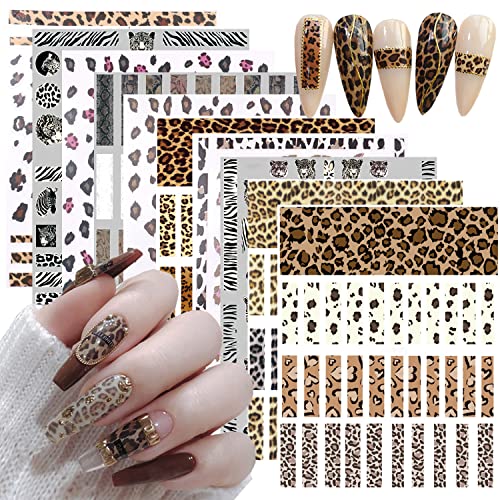 10 Sheets Leopard Print Nail Art Stickers 3D Self-Adhesive Nail Decals Holographic Leopard Line French Animal Nail Sticker For Women Girls Diy Manicure Tips Nail Charms Nail Art Decoration Supplies #TOP5