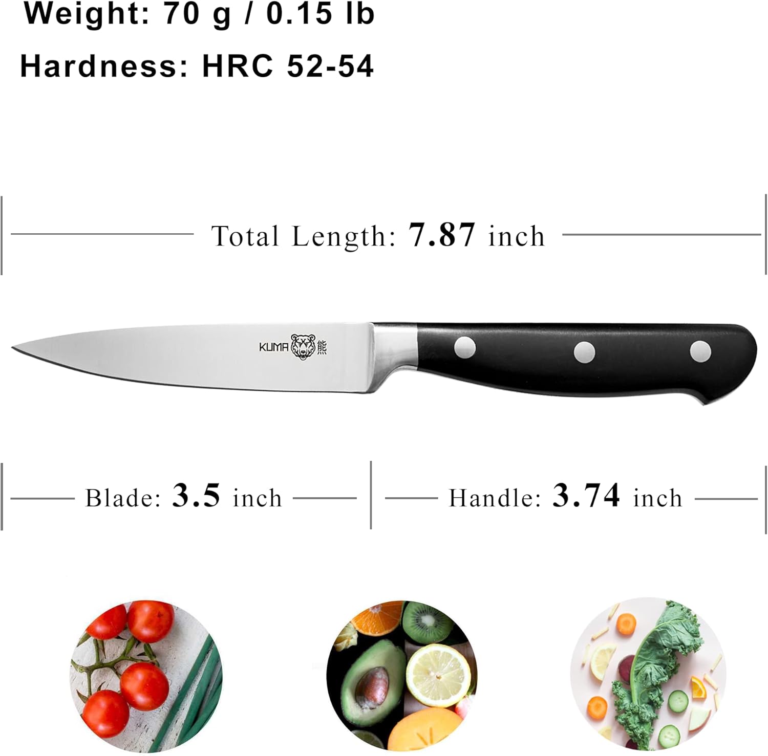 KUMA Essentials Kitchen Knife Set - Classic 3 Piece Collection - 8" Chef's Knife, 3.5" Paring Knife, and 8" Honing Rod - Knives Set Without Block or Roll Bag - Conquer Your Kitchen