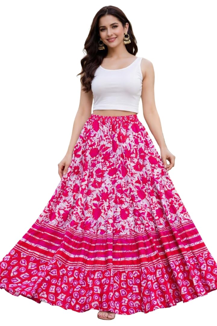 Women's Floral Block Print Cotton Maxi Skirt Pink-image-17