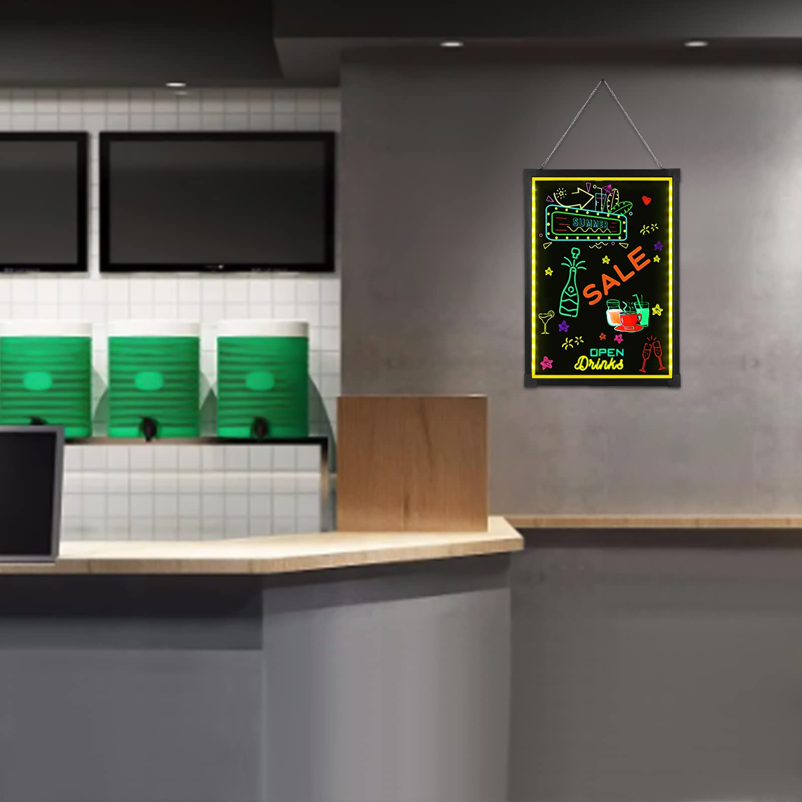 Cuadro de mensajes led 50 x 70 cm con 8 resaltadores 1 mando a distancia modo intermitente Diy pizarra de tiza led de pared para el hogar, la tienda, el bar y el restaurante (negro)