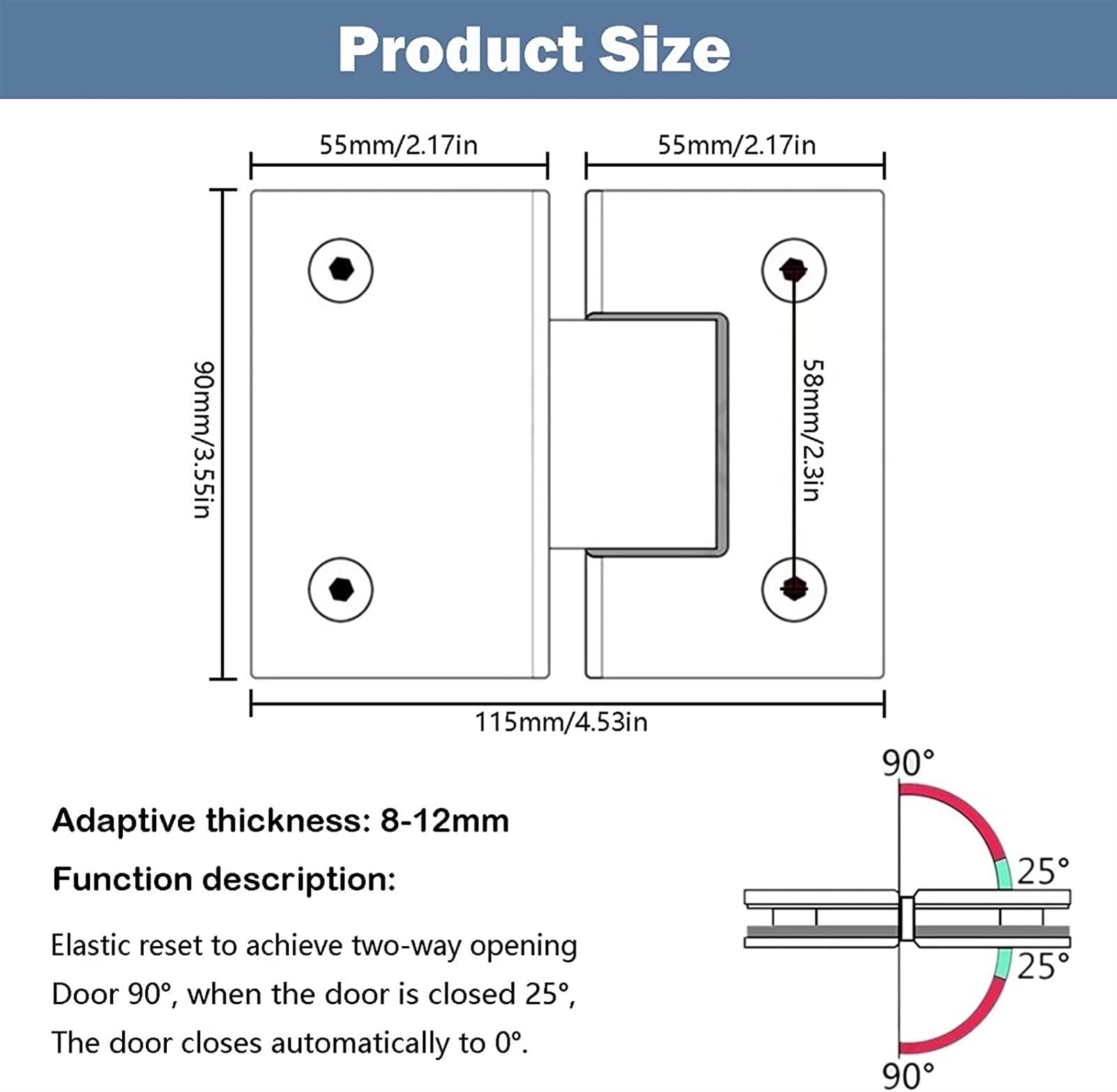 Bisagras para puertas de ducha sin marco, Abrazadera for bisagra de puerta de vidrio, paquete de 2 bisagras for mampara de ducha con puerta batiente de 8-12 mm, abrazadera de vidrio de baño bidireccio
