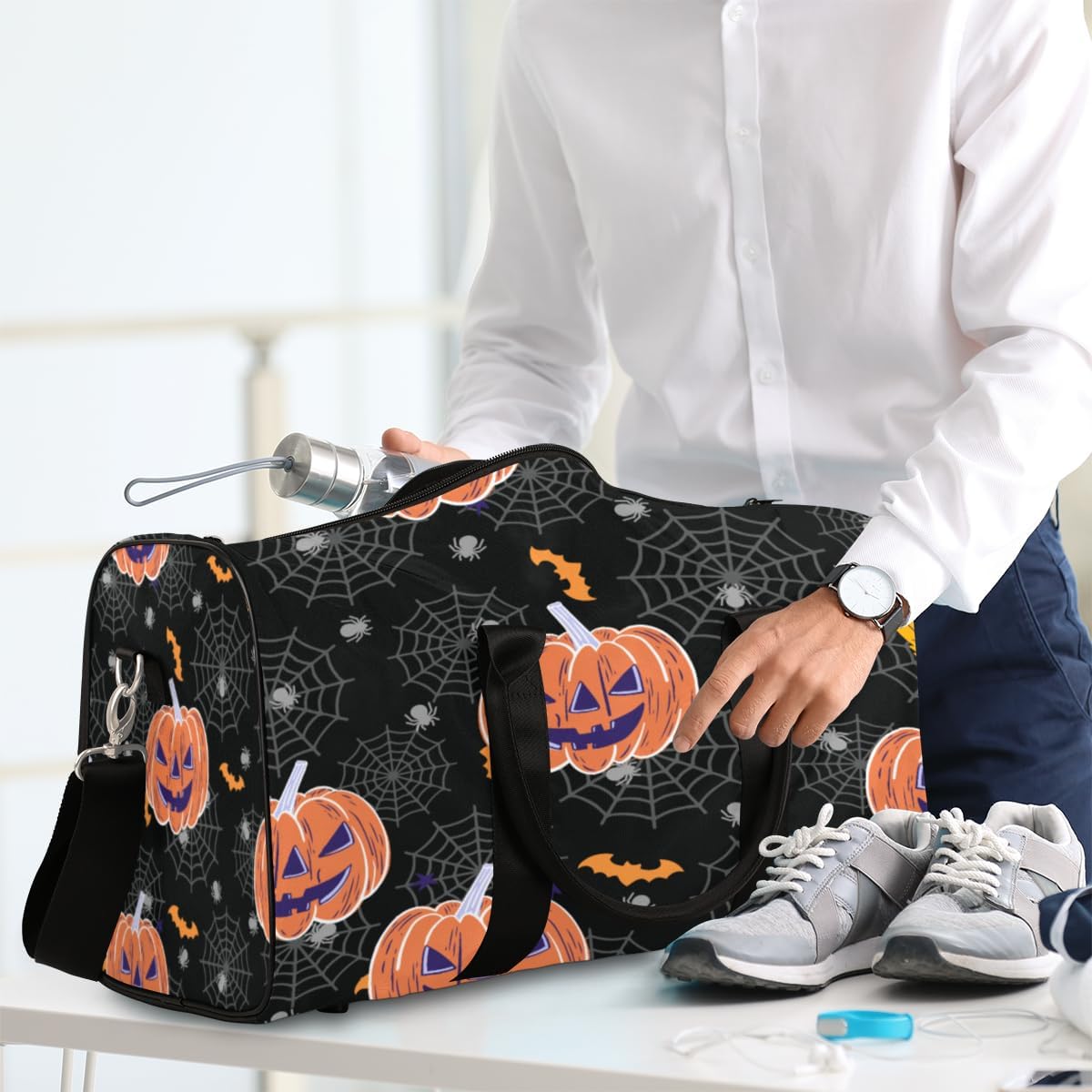 Halloween Pumpkin Web Travel Duffel Bag for Women Men Large Capacity Overnight Weekender Bags for Lightweight Waterproof Sport Gym Bag for Workout Yoga Swim