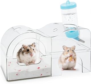 Multi-Functional Hamster Sand Bath Container with Water Bottle & Hideout, Transparent Hamster Dig Box for Easy Observation, Covered to Prevent Sand Spill, Chew Resistant Tough Acrylic Gerbil Sand Bath