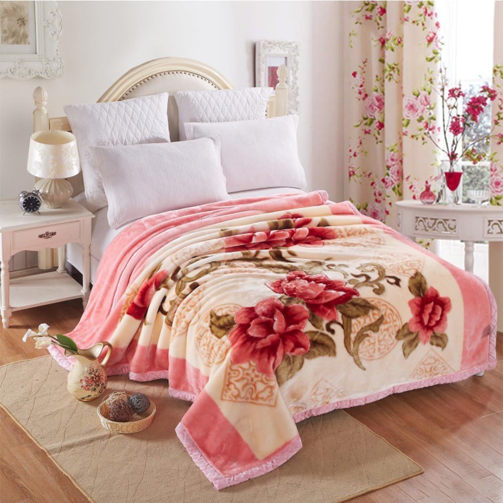 GENERIC Plush Korean Mink Blanket, 100% Polyester, 2 Ply, Embossed Pattern, Queen/King Size, Pink, 180x220cm (71x87in), 3Kg (6lb), Heavy Weight, Winter, Machine Washable
