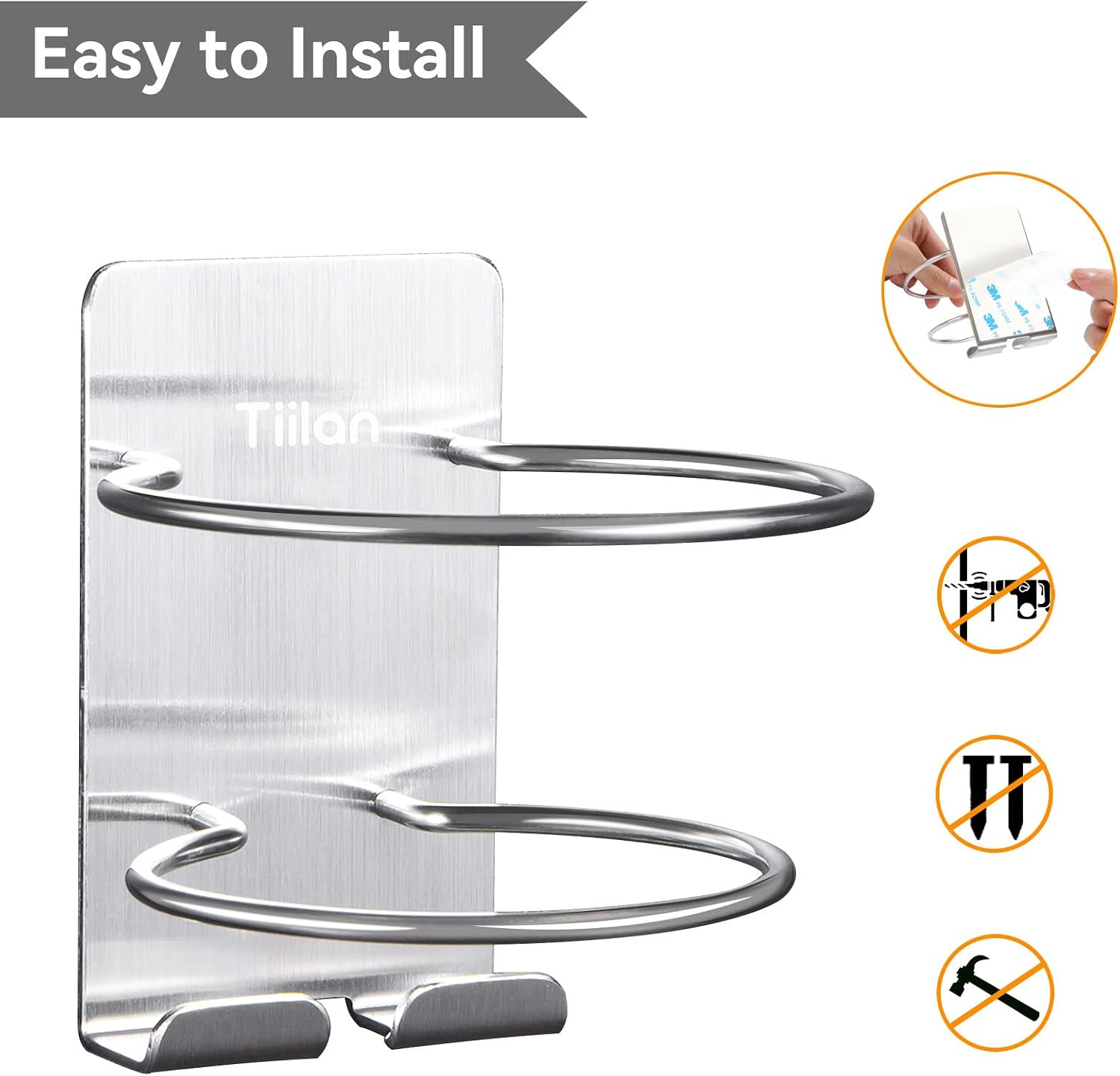 Hair Dryer Holder Wall Mount, Blow Dryer Holder Self Adhesive, SUS 304 Stainless Steel, Bathroom Hair Tool Organizer Rack, Silver