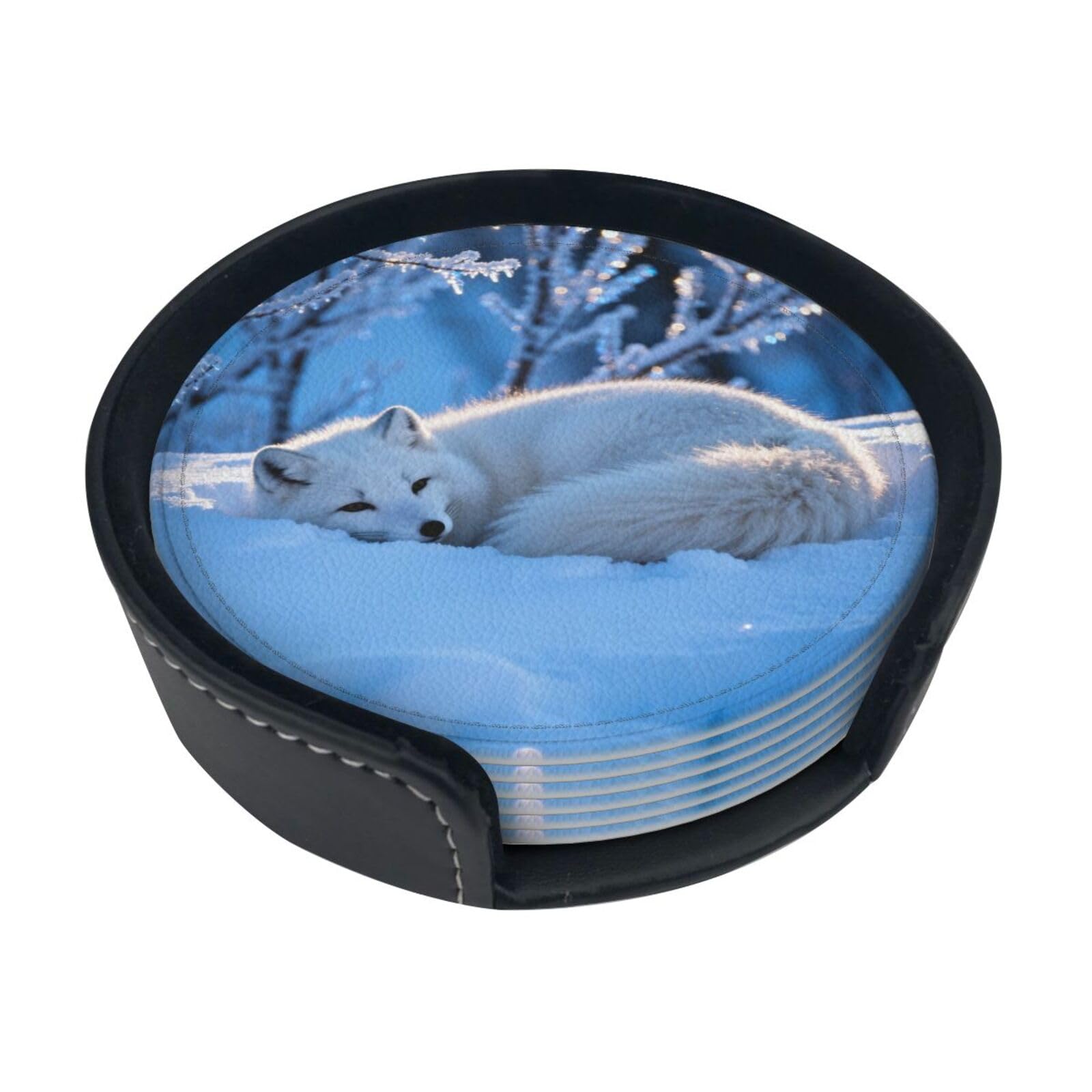Cntdbu White Arctic Fox Leather Coasters Set Of 6-Pu Leather Drink Mats For Table, Heat Resistant Round Coasters With Holder