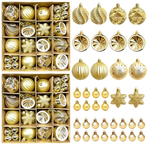 Lzmvte 76 Pack Gold Christmas Ball Ornaments, Christmas Tree Decoration Balls with Hanging Loop, Golden Christmas Hanging Ornaments Sets for Xmas Tree, Holiday and Home Decor