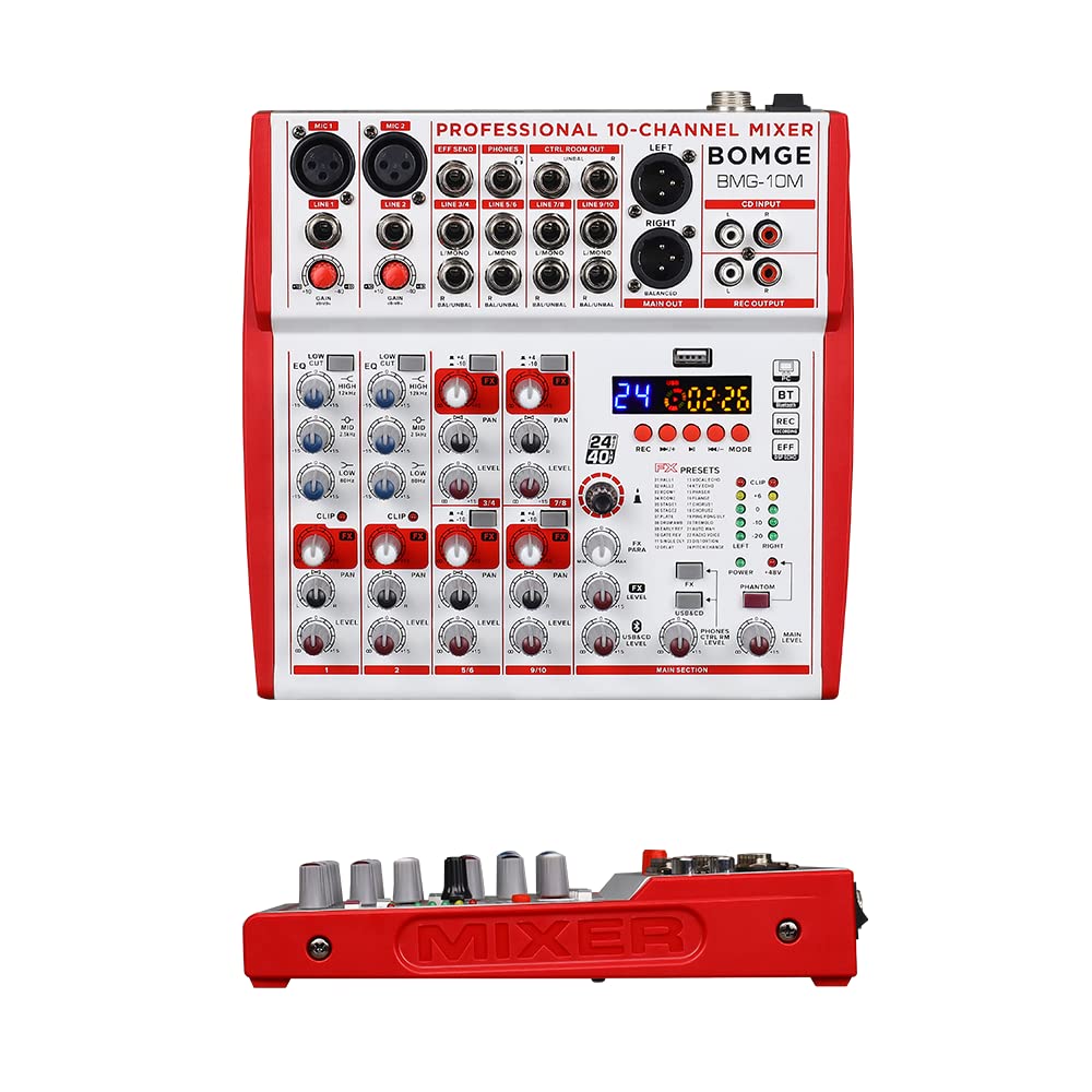 BOMGE 10-Eingangs-Soundboard-Mixer mit Mikrofon-Vorverstärker und Kompressoren, 24DSP, Bluetooth, 48 V Stromversorgung, britischer EQ und USB/Audio-Schnittstelle für Aufnahme, Karaoke und Podcast