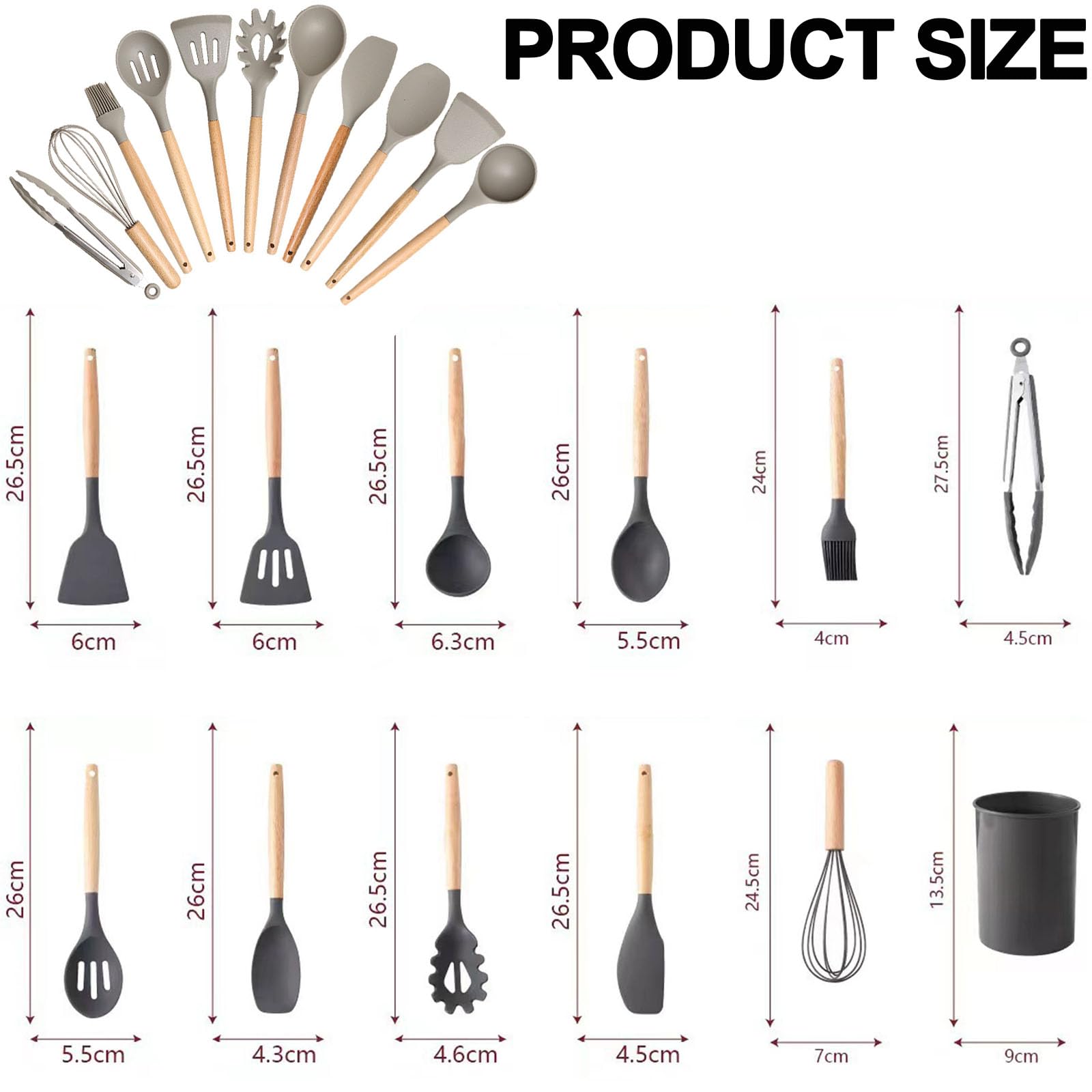 Set Utensili Da Cucina In Silicone 12 Pezzi Con Manici In Legno E Supporto - Resistente Al Calore 230°C, Antiaderente (Nero)