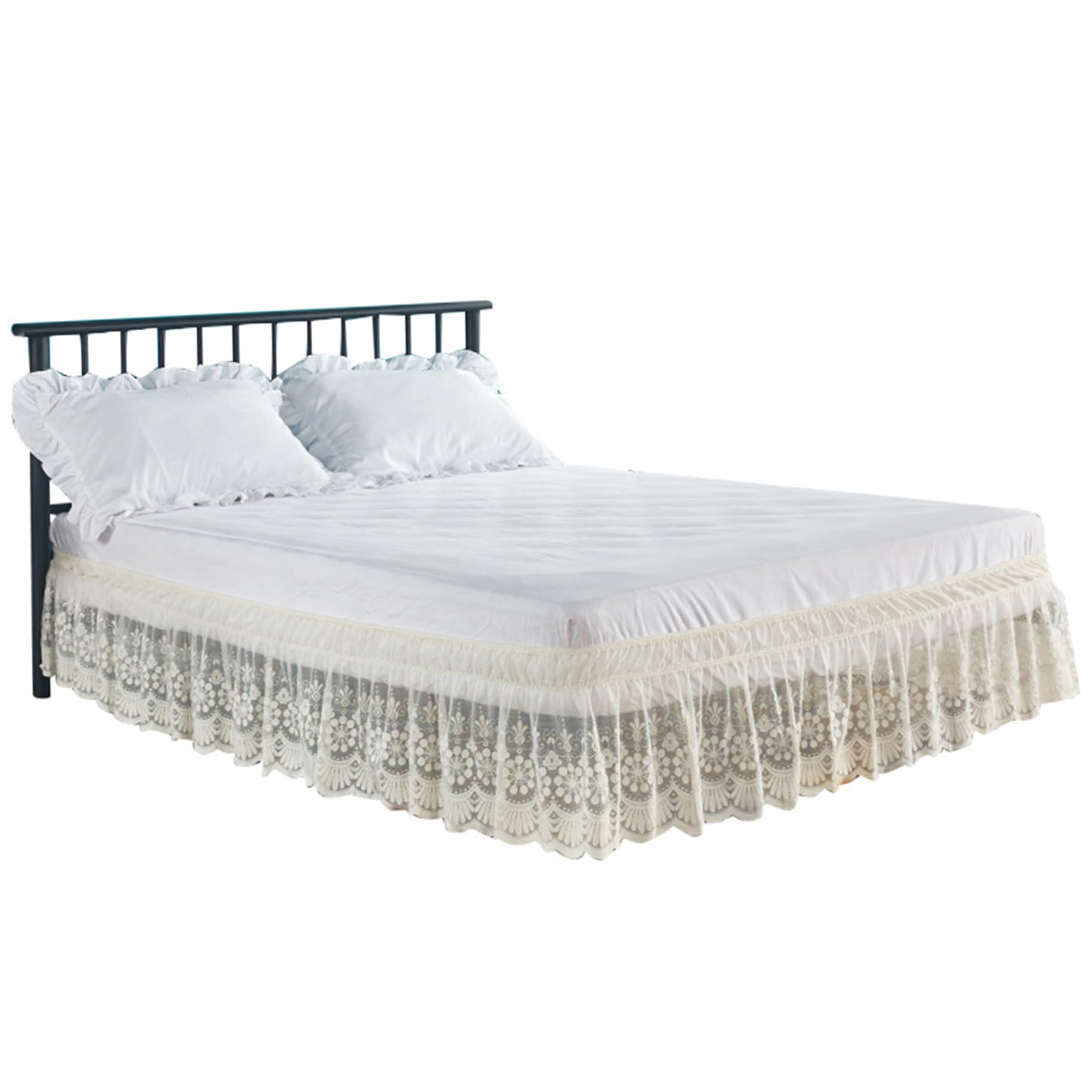 Falda de cama Queen de alta calidad con encaje marfil y tejido resistente