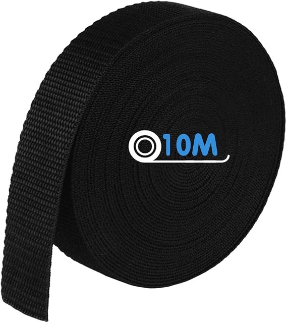 Webbing Strap, Polypropylene Webbing Strap Tape 25mm Wide for DIY Craft Dog Collar, Tow Ropes, Luggage Belt, 10M (11 Yards) Black Webbing Straps for Bag Making / Backpack Strapping / Outdoor Climbing