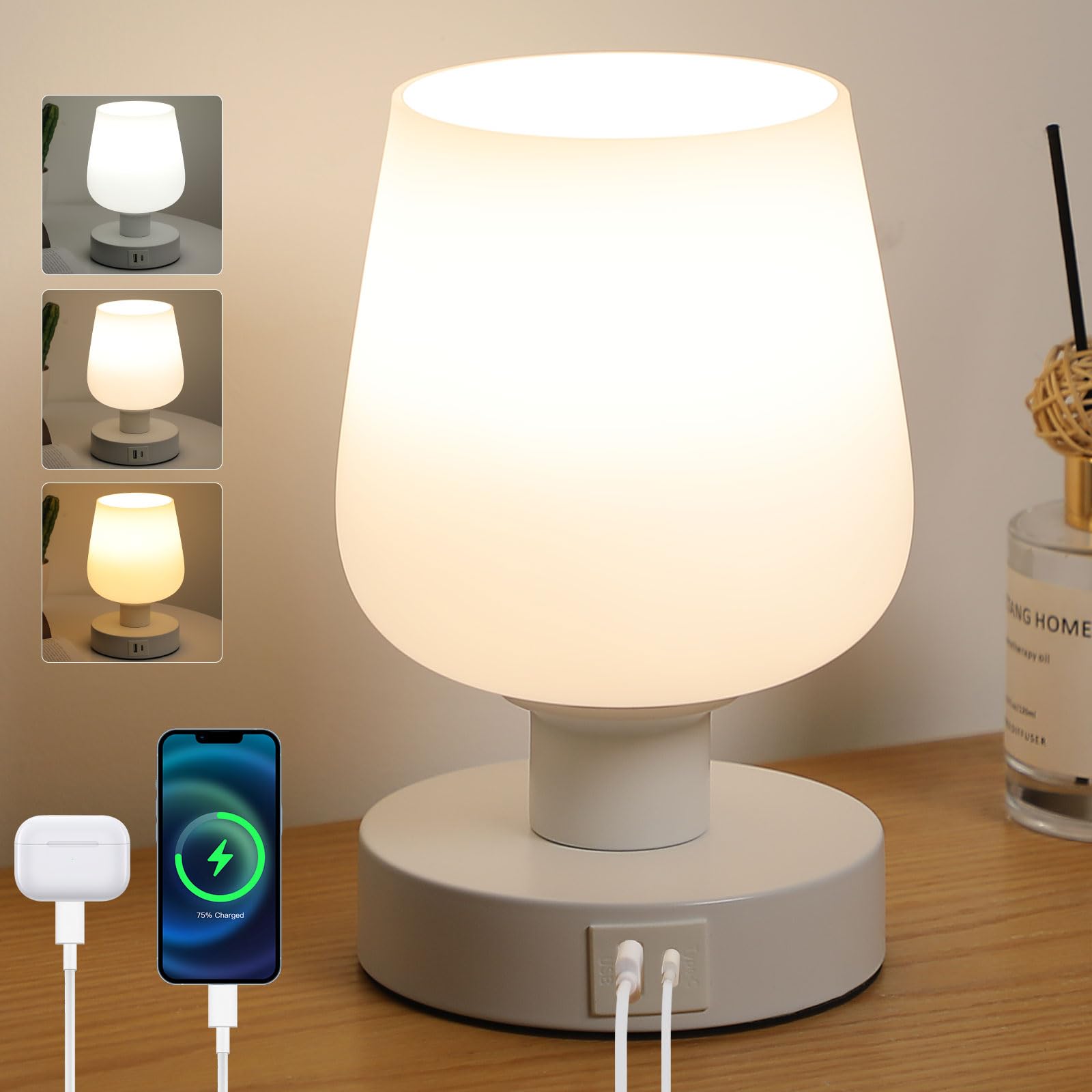 Lightess Lamparas de Mesita de Noche Tactil Regulable, Lampara de Mesa con Pantalla de Cristal Blanco y Puerto USB A+C, Lampara Noche E27 con Enchufe para Dormitorio Salón, Bombilla LED Incluida