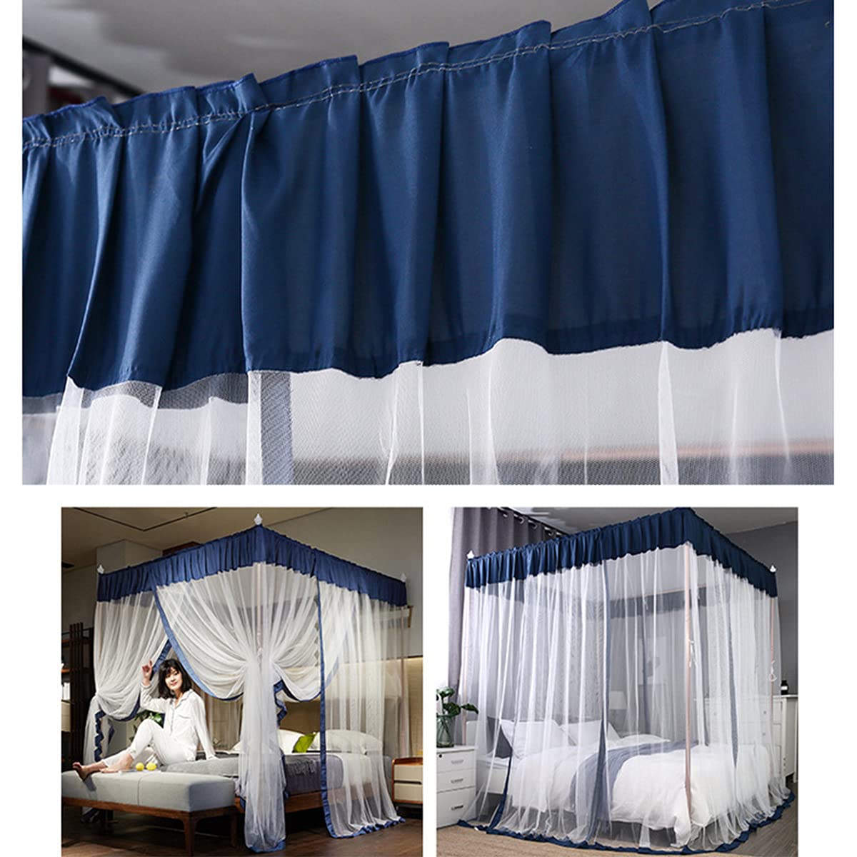 Moskitiera na łóżko z 3 otworami bocznymi, dla dziewczynek i łóżek typu king-size, system łatwego montażu, zieleń wojskowa, 200 x 220 cm